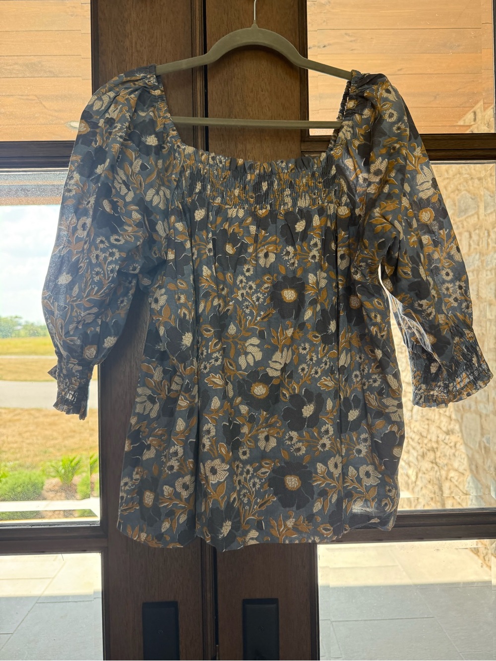 Smocked Off-Shoulder Floral Blouse in Black and Gold